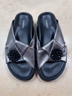Pinko Metallic Gunmetal Slide Mules with Beaded Rosette